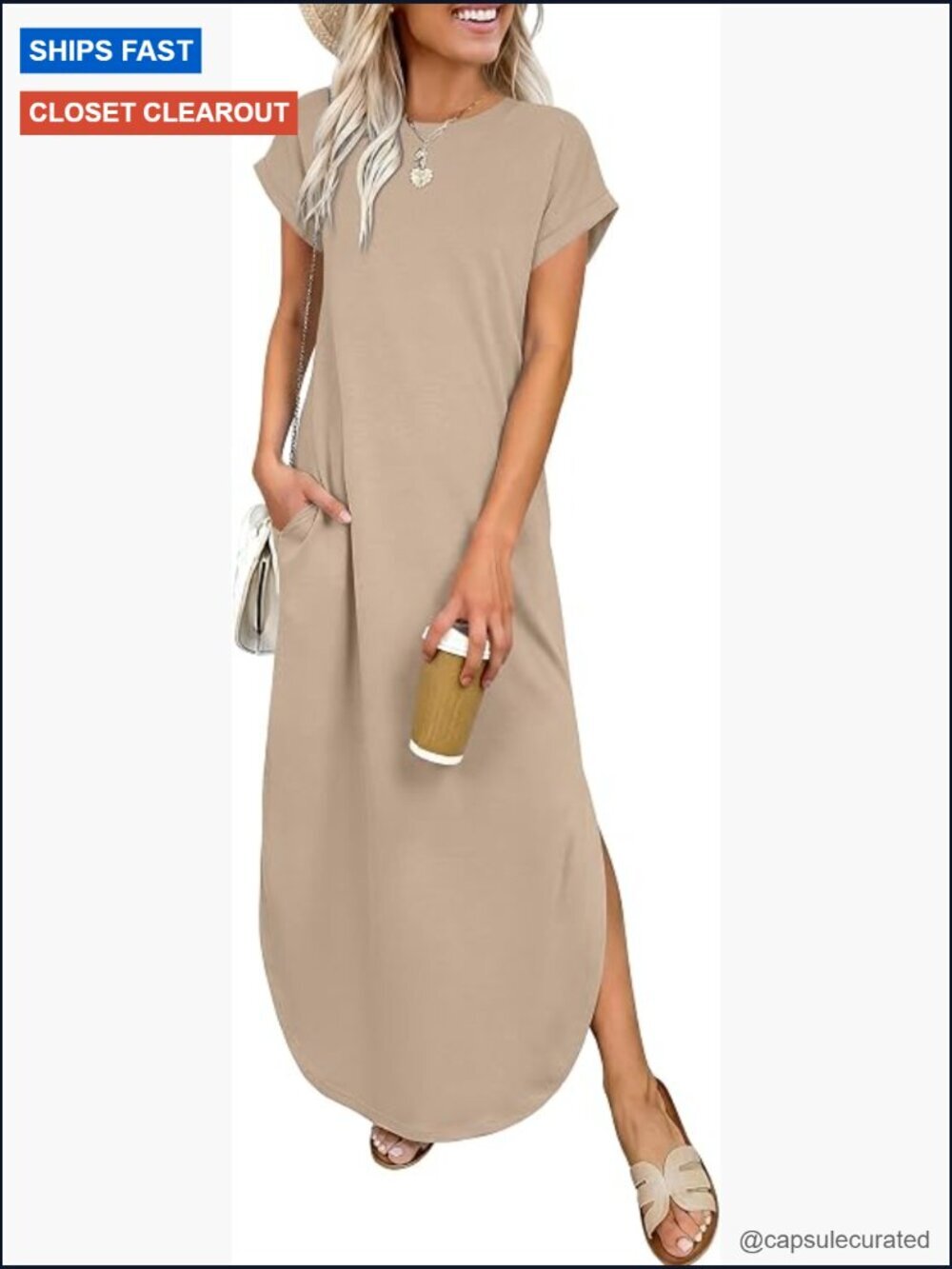 Women's Casual Long Maxi Dress with Pockets Short Sleeve Crew Neck Loose Fit